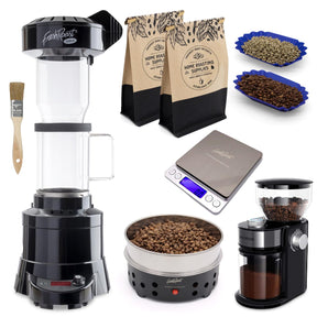 Ultimatives Starterset zum Kaffeerösten zu Hause, Fresh Roast SR800, Glas-EXT-Röhre, Bohnenkühler, Kaffeemühle, Probepackung mit grünen Bohnen (2 Pfund), Probenschalen (2)