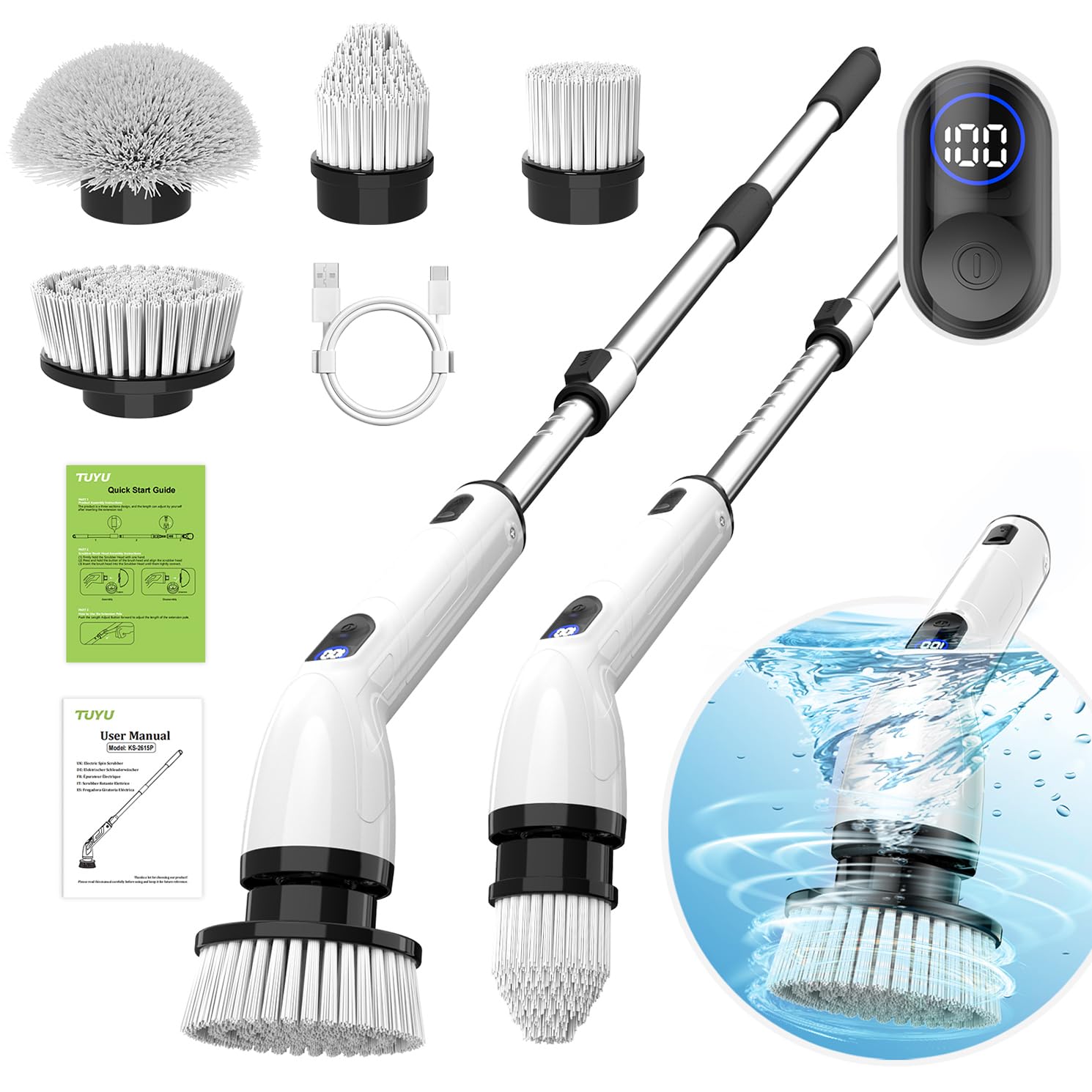 TUYU Electric Spin Scrubber, Full-Body IPX7 Waterproof Bathroom Scrubber with Power LCD Display, Adjustable Extension Handle, Cordless Shower Cleaner Brush for Bathtub Kitchen Wall Cleaning