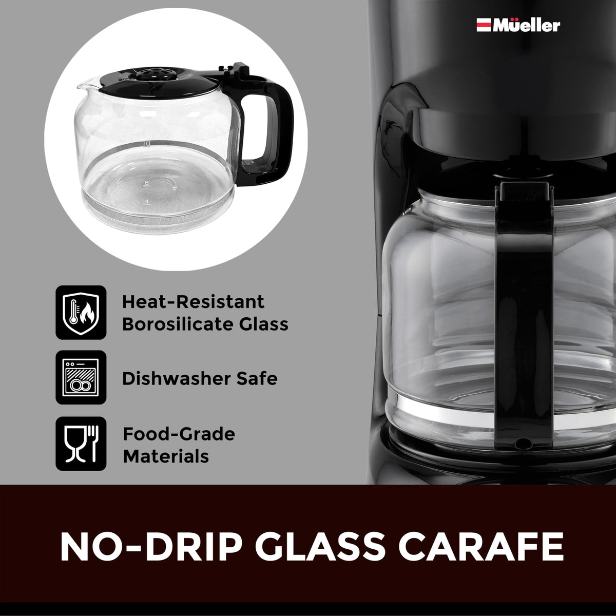 Mueller 12-Cup Drip Coffee Maker - Borosilicate Carafe, Auto-Off, Reusable Filter, Anti-Drip, Keep-Warm Function, Clear Water Level Window Coffee Machine, Ideal for Home or Office