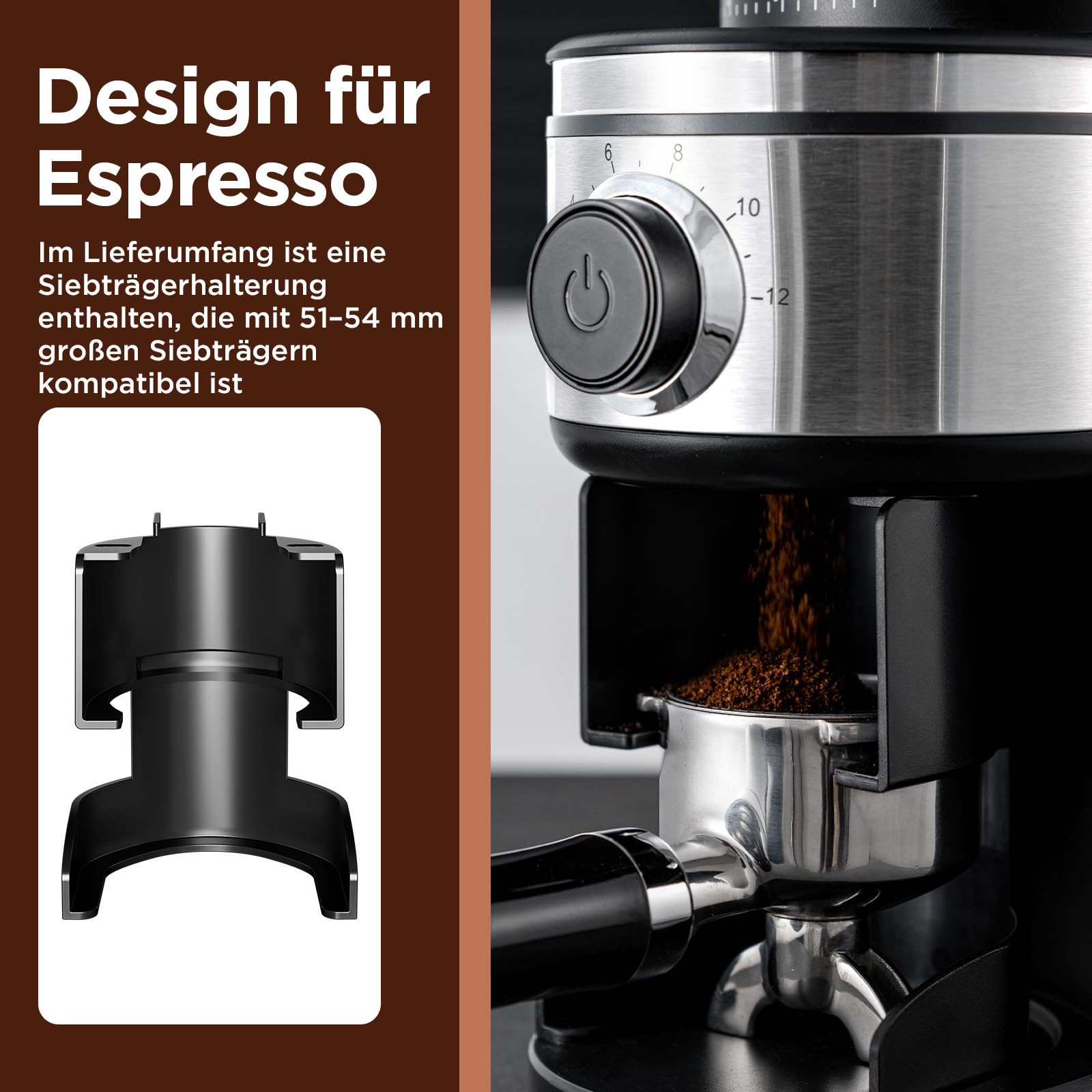 Ollygrin Kaffeemühle mit Kegelmahlwerk, elektrische konische Kaffeebohnenmühle mit 30 einstellbaren Mahlgradeinstellungen für 2–12 Tassen, Silber und Schwarz