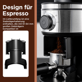 Ollygrin Kaffeemühle mit Kegelmahlwerk, elektrische konische Kaffeebohnenmühle mit 30 einstellbaren Mahlgradeinstellungen für 2–12 Tassen, Silber und Schwarz