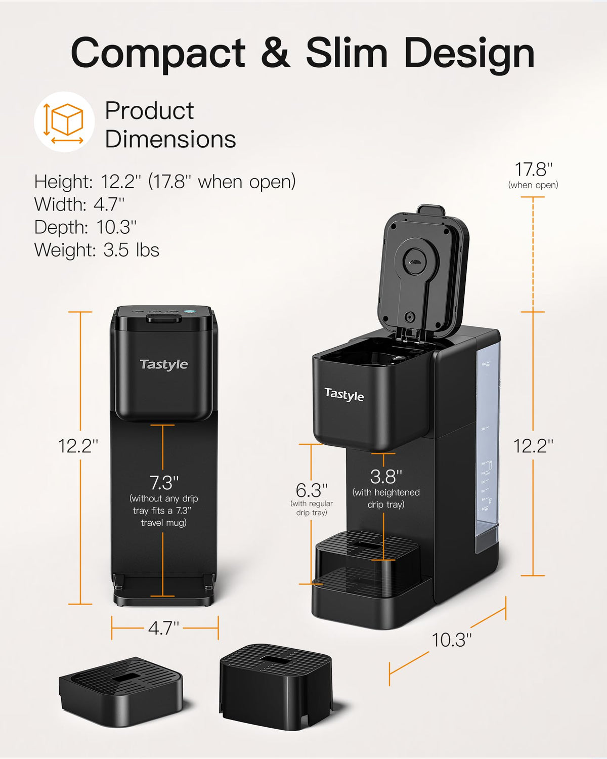 Tastyle Einzelportions-Heiß- und Eiskaffeemaschine mit starkem Brühvorgang, 40 oz abnehmbarer Behälter, 6 Brühgrößen, kompatibel mit K-Cup und Kaffeepulver, kompakt für Zuhause, Büro, Wohnmobil und Wohnheim, schwarz (2.0-Version)