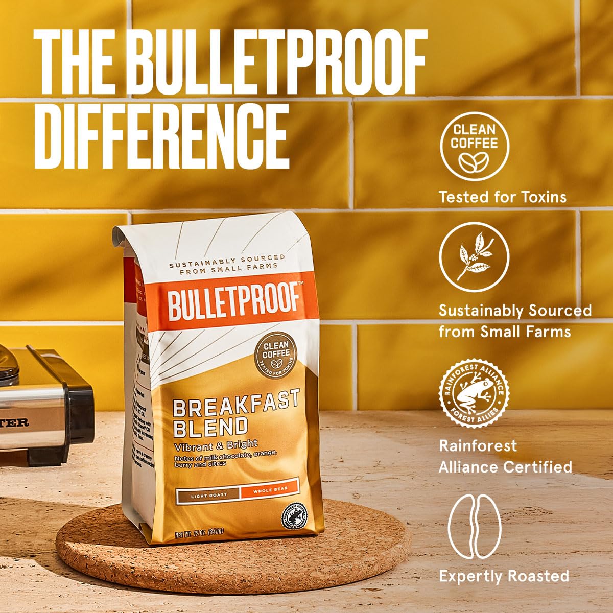 Bulletproof Breakfast Blend Light Roast Whole Bean Coffee, 12 Ounces, Arabica Coffee Sourced from Central and South America, Rainforest Alliance Certified