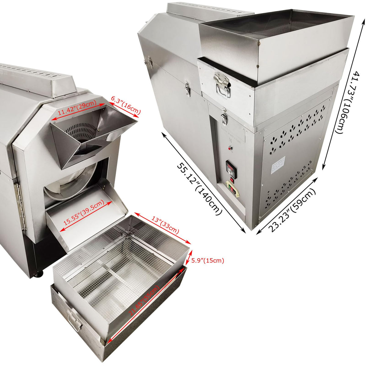 EQCOTWEA Kommerzieller Röster, 55 Pfund Trommel-Rotationsröstmaschine, Edelstahl, Erdnuss-, Walnuss-, Kastanienröst-, Pfannenröst-, Trockenröstmaschine, 0-300 ℃, 220 V, 3-phasig