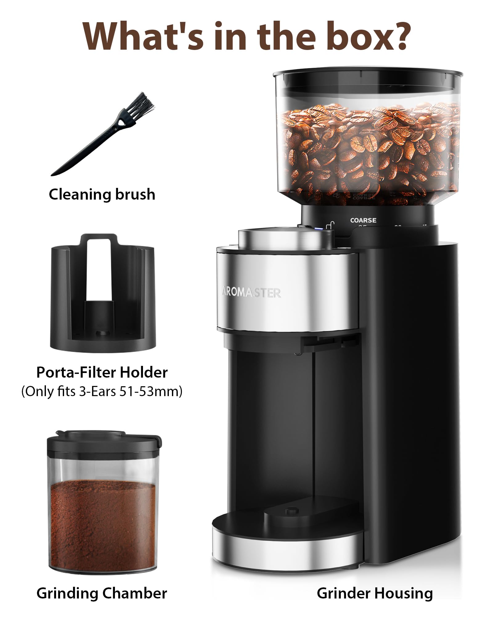 Aromaster Burr Coffee Grinder, Coffee Bean Grinder with 25 Grind Setting, 2-12 Cups Timer, Conical Coffee Grinders for Home Use, 3-Ears Portafilter Holder, Cleaning Brush, Black