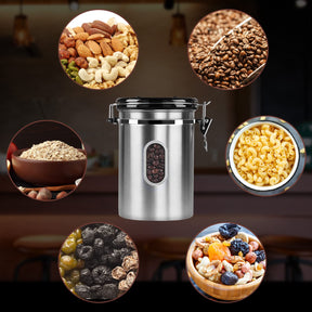 1800ML Airtight Coffee Canister with Date Tracker&Transparent Window, 22.8OZ Coffe Beans Storage with 30ML Measure Spoon&4 co2 Valve, Coffee Container for Grounds Coffee, Beans, Tea, Sugar(Silver)