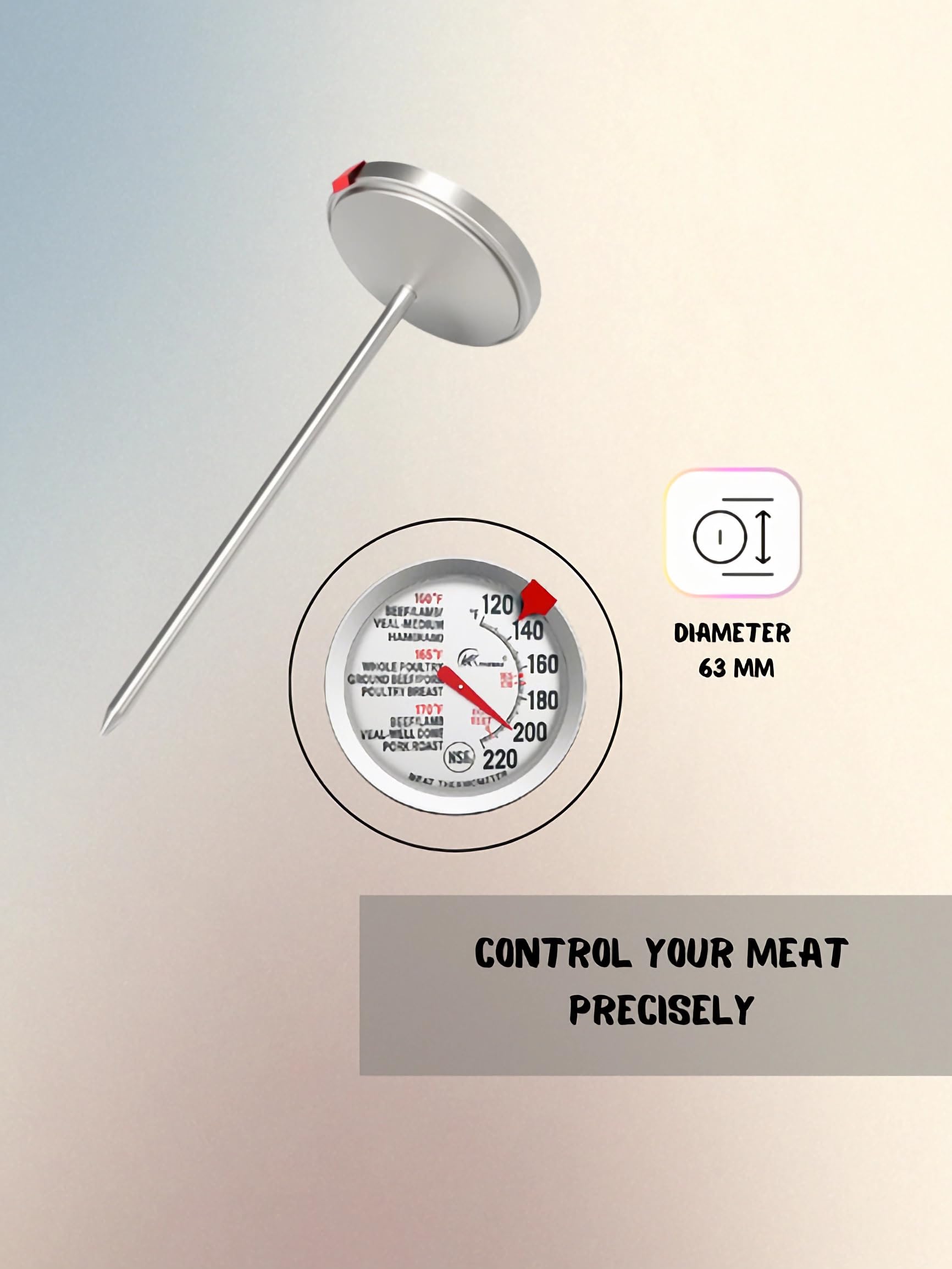 Analoges Fleischthermometer: Braten- und Backthermometer für Backofen/Grill, leicht zu reinigen. Spülmaschinenfest, ohne Batterien. Rippchen, Pute und mehr: ein Muss für perfekt gegarte Braten.