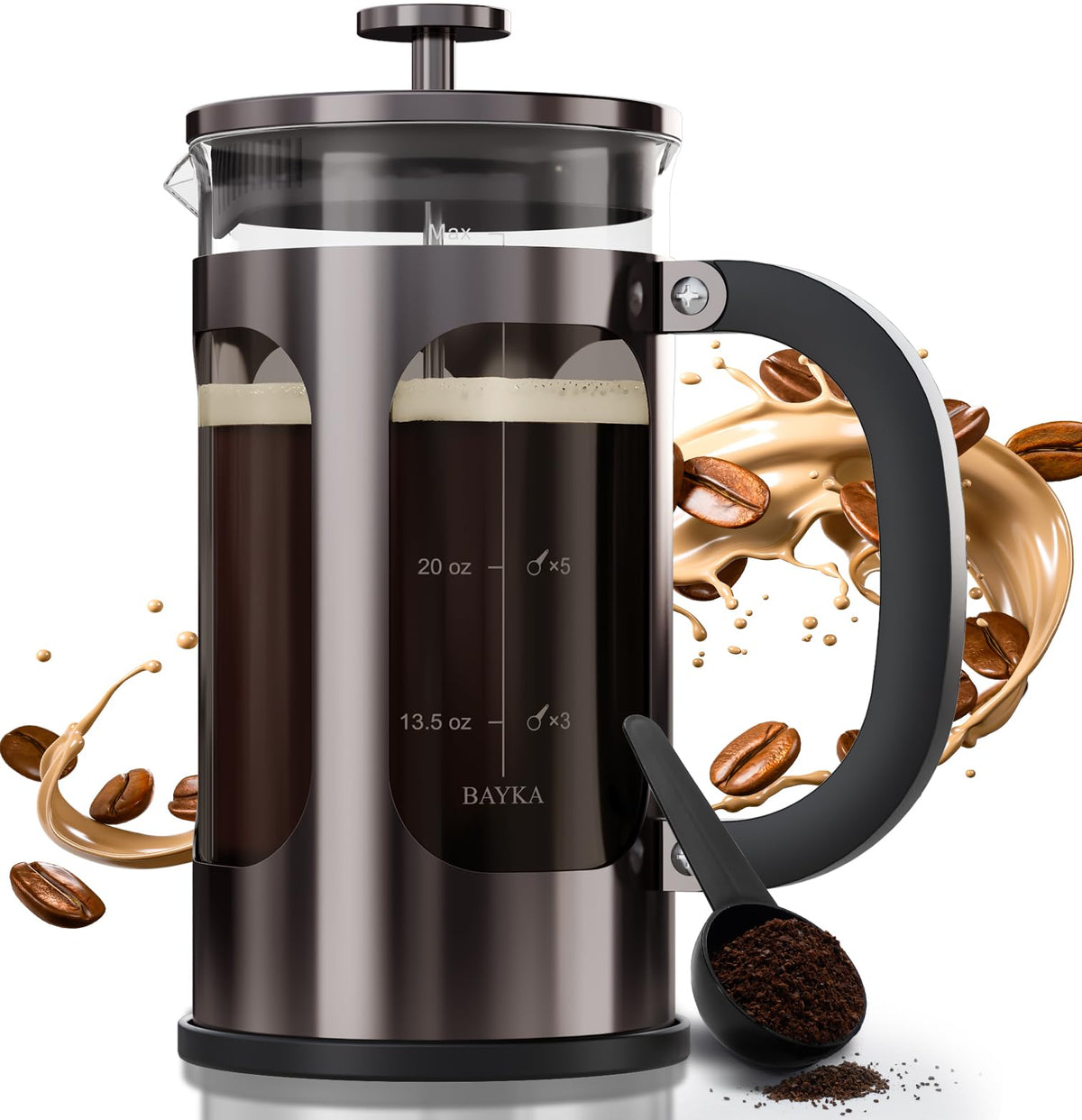 BAYKA 34 Unzen 1 Liter French Press Kaffeemaschine, hitzebeständiges, verdicktes Borosilikatglas, Edelstahl-Kaffeemaschine, Kaltbrüh-Cafetera-Teekanne für Küche, Reisen und Camping, dunkles Zinn