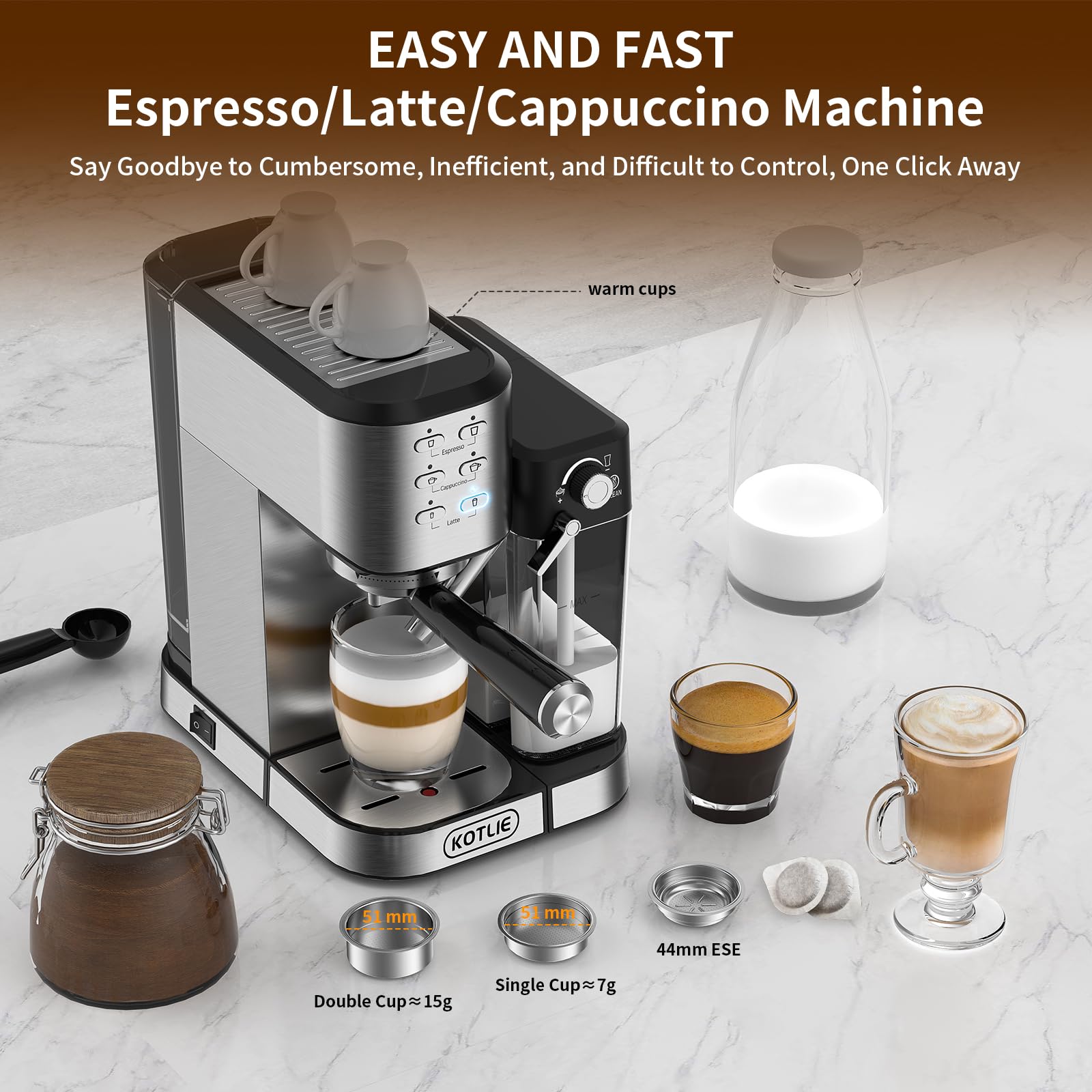 KOTLIE Espresso Coffee Machine with Milk Frother, One-Touch Automatic Coffee maker for Espresso/Cappuccino/Latte, ESE Pod Compatible, 20Bar Pump, Dual Heat System 1350W and 900W (120, Volts) (Metal)