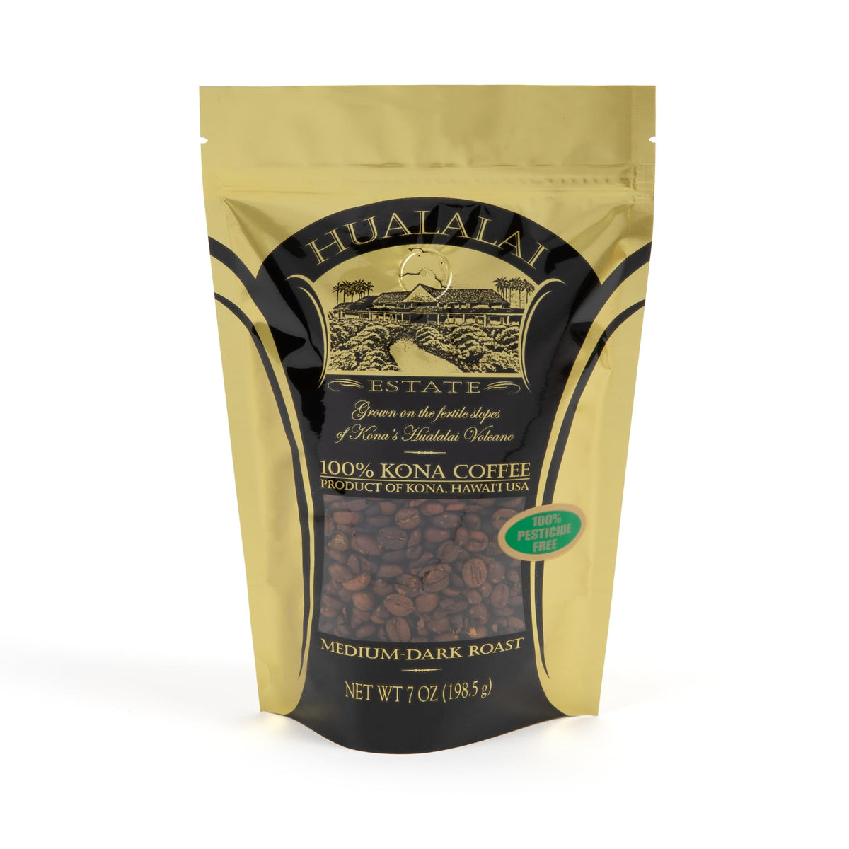 Hualalai Estate Whole Bean 100% Kona Coffee - Medium Dark Roasted Hawaiian Grown Beans - Pesticide-Free Gourmet Grade Premium Coffee (7 oz)