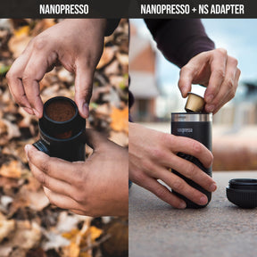 Tragbarer Espressokocher WACACO Nanopresso im Paket mit NS-Adapter, kompatibel mit NS-Kapseln und gemahlenem Kaffee, manuelles Reisekaffeemaschinen-Set, perfekt fürs Camping