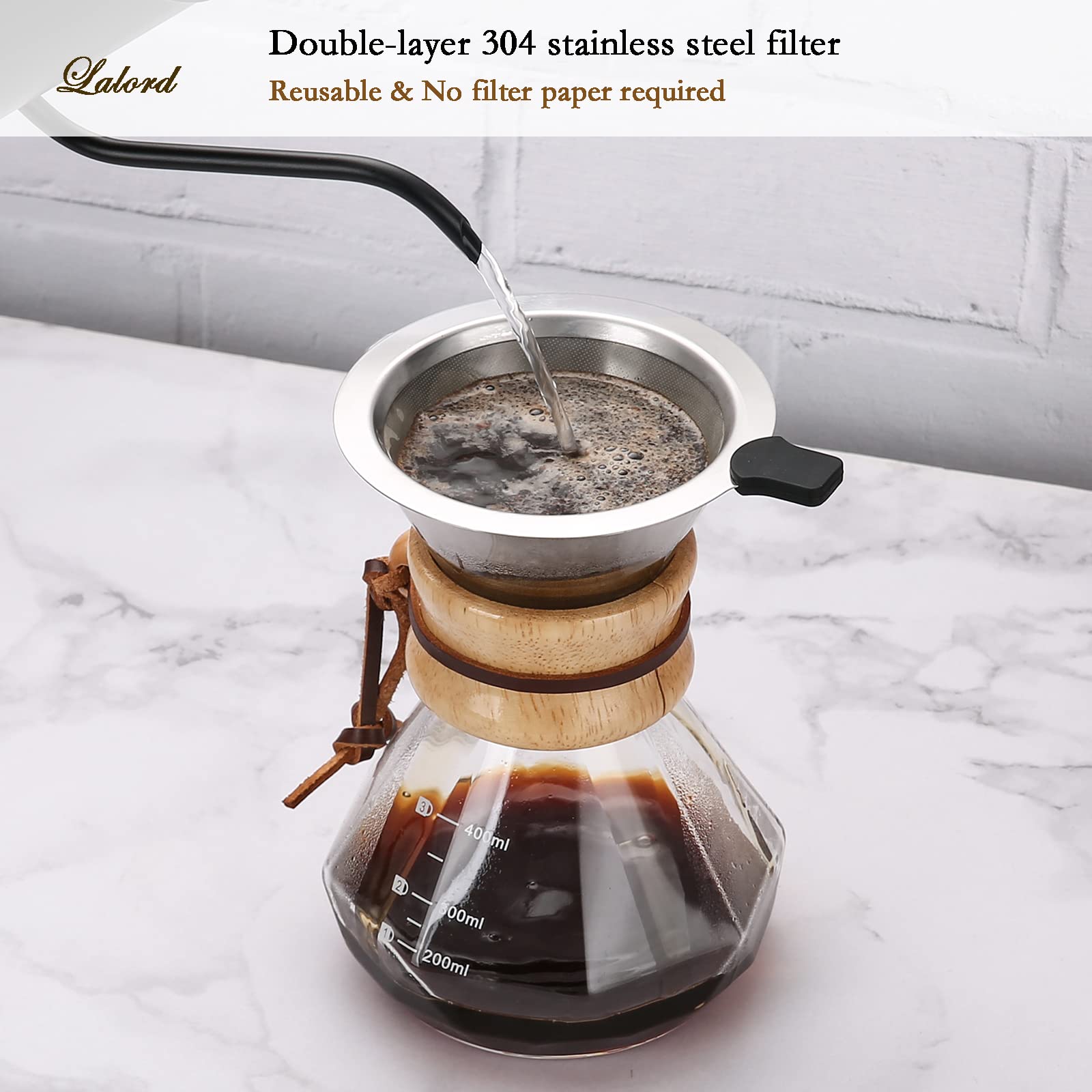 Lalord Pour Over Coffee Maker with Stainless Steel Filter, Borosilicate Glass Coffee Carafe, Modern Wooden Collar, Coffee Maker Carafe, Hold 2 Cups, 400 ml/13.5 oz, Clear