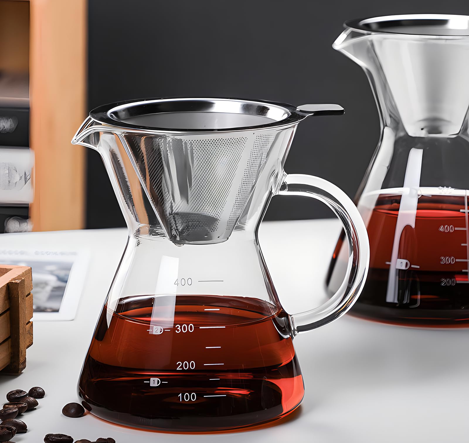 COFISUKI Pour Over Coffee Maker with Reusable Stainless Steel Drip Filter, Glass Drip Coffee Maker Set, Lead-Free Borosilicate Glass Coffee Carafe for 1-2Cup, Clear (400ml/13.5oz)