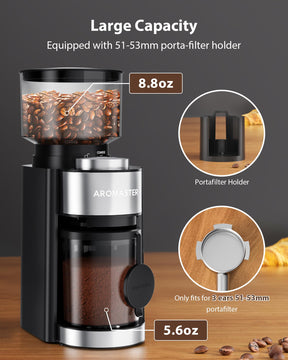 Aromaster Burr Coffee Grinder, Coffee Bean Grinder with 25 Grind Setting, 2-12 Cups Timer, Conical Coffee Grinders for Home Use, 3-Ears Portafilter Holder, Cleaning Brush, Black