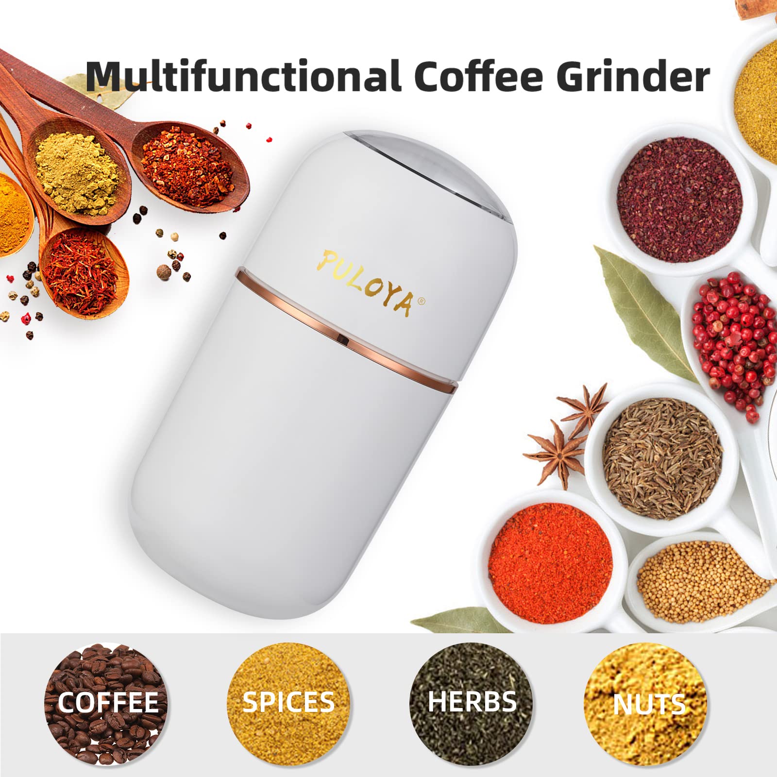 PULOYA Coffee Grinder Electric for Beans, Spices, Herbs, Grains and Nuts, Stainless Steel Blades, 2.8 oz, White