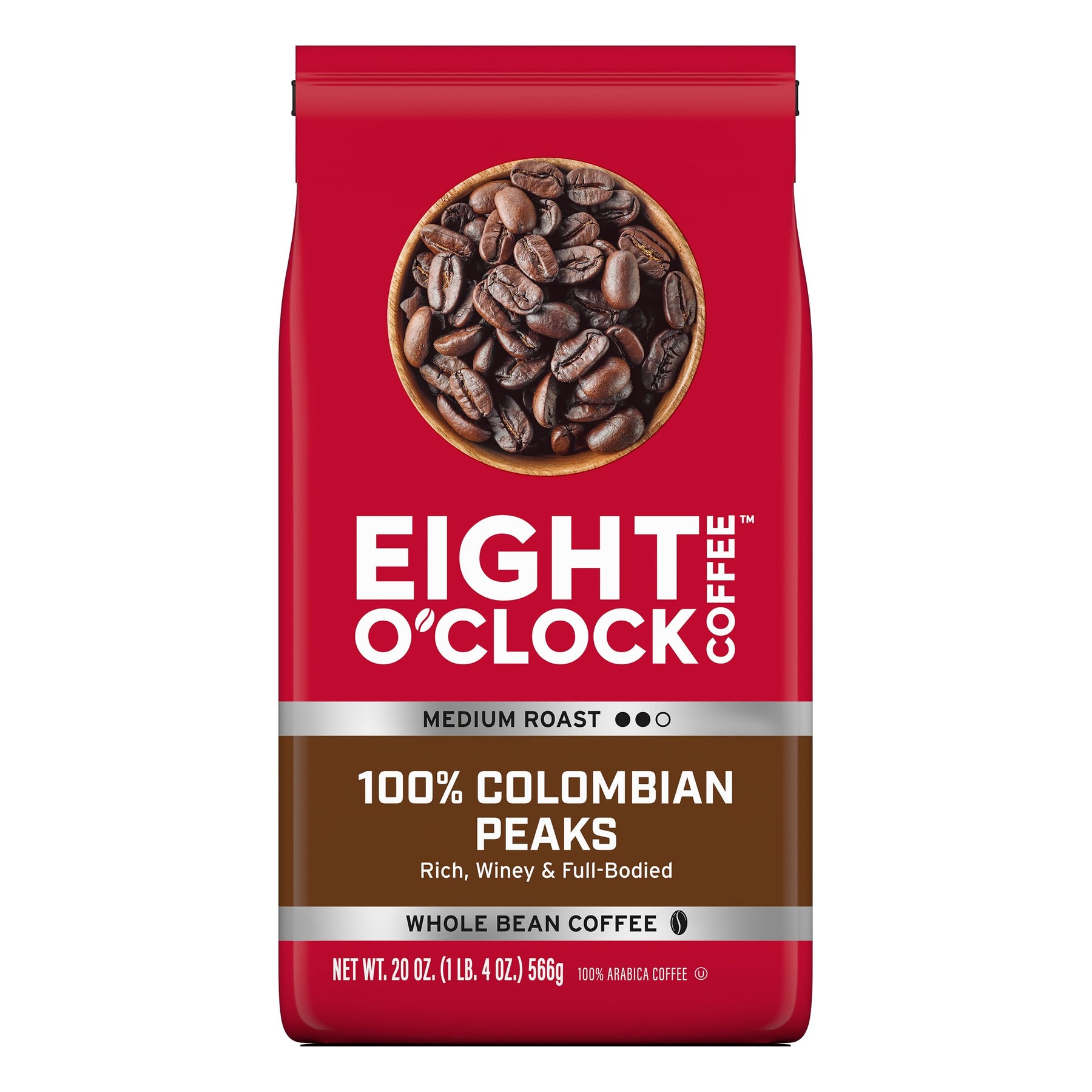 Eight O'Clock Coffee 100% Colombian Peaks, Medium Roast, Whole Bean Coffee, 20 Ounce, 100% Arabica, Kosher Certified