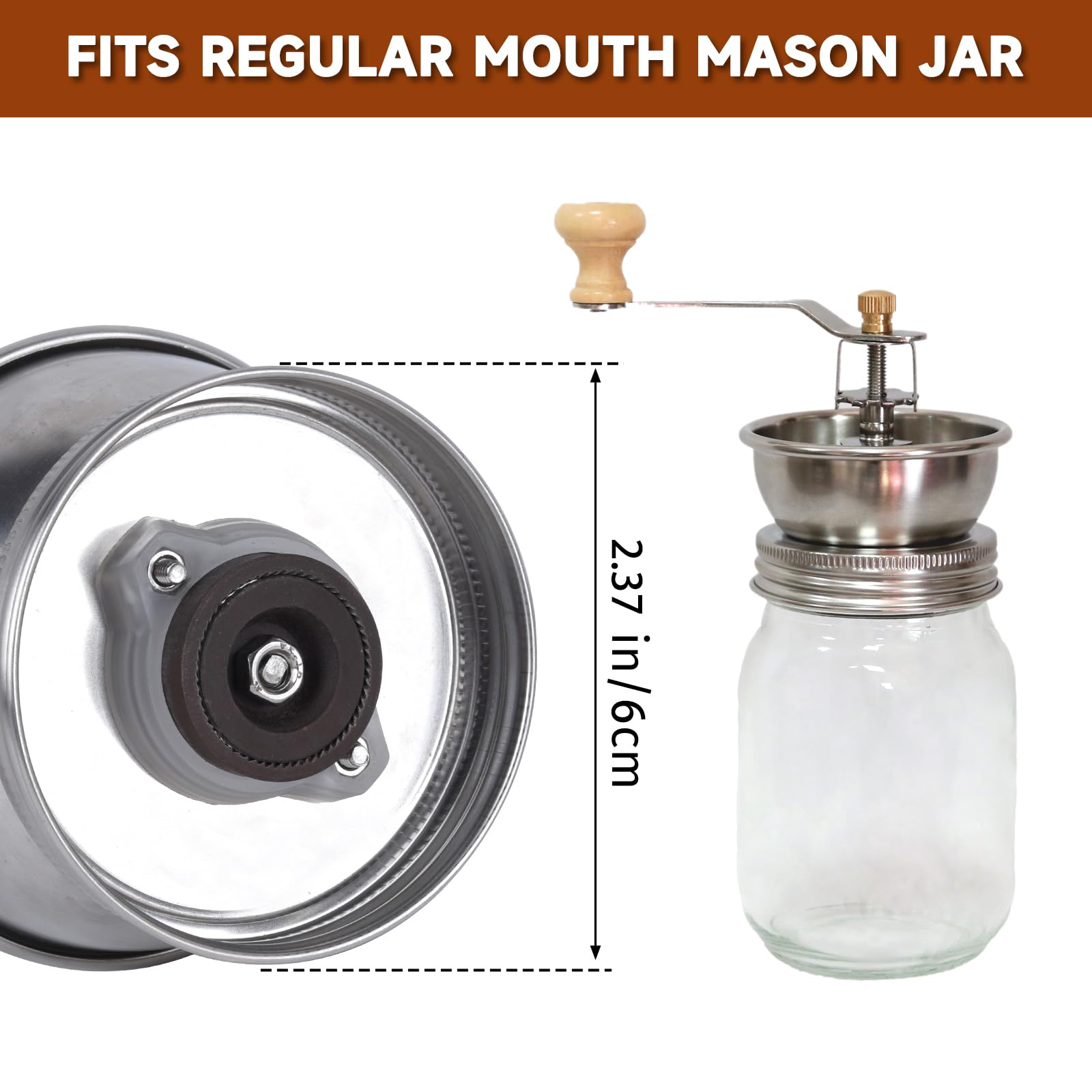 Mason Jar Coffee Grinder, Manual Coffee Grinder Lid Attachment for Regular Mouth Mason Jars, Stainless Steel Mason Jar Lid and Ceramic Burr, Mason Jar Accessories Ideal for Camping & Home Barista