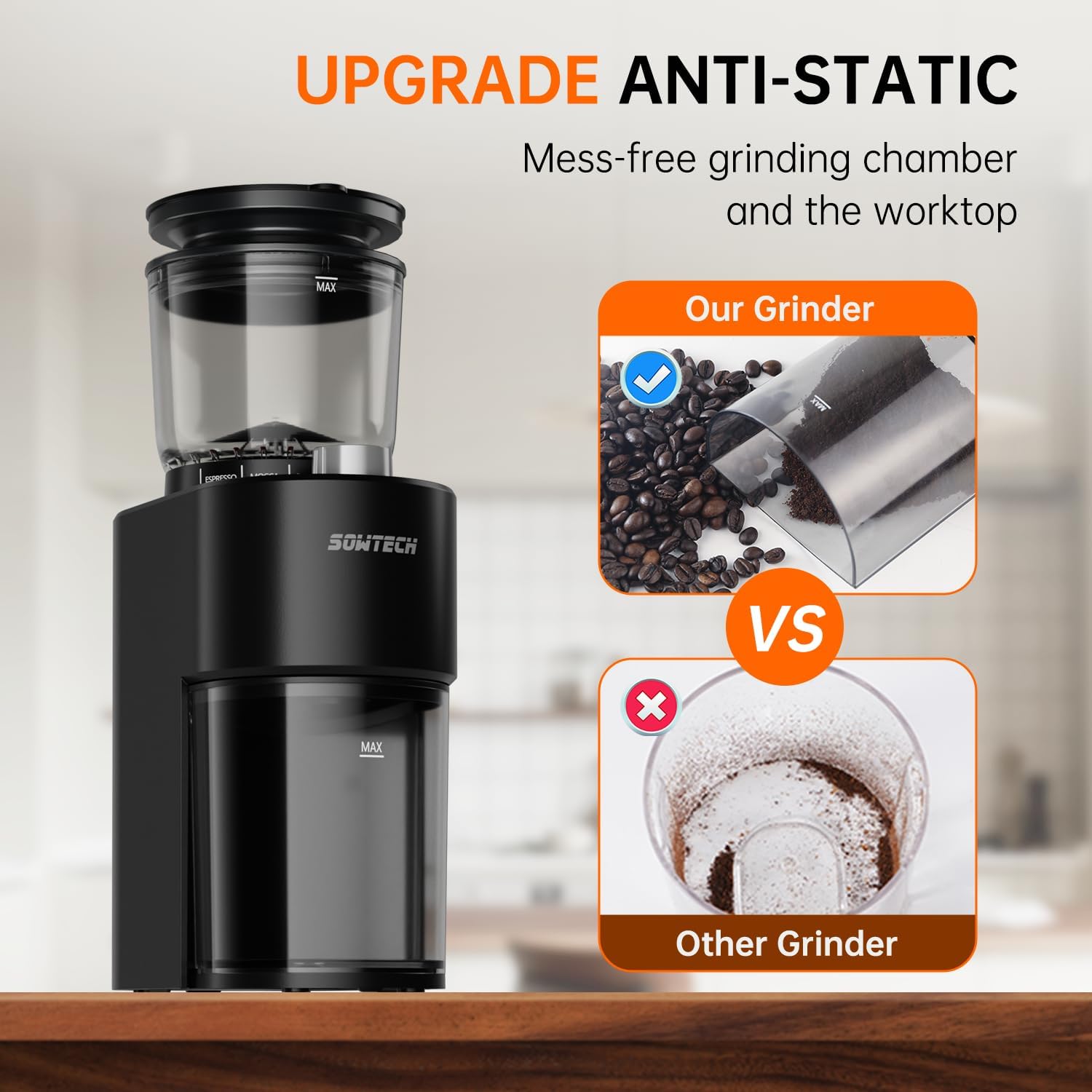 SOWTECH Anti-static Conical Burr Coffee Grinder, Adjustable Electric Mill, 38 Precise Grind Settings, Precision Timer, for Espresso, Drip and French Press, Black