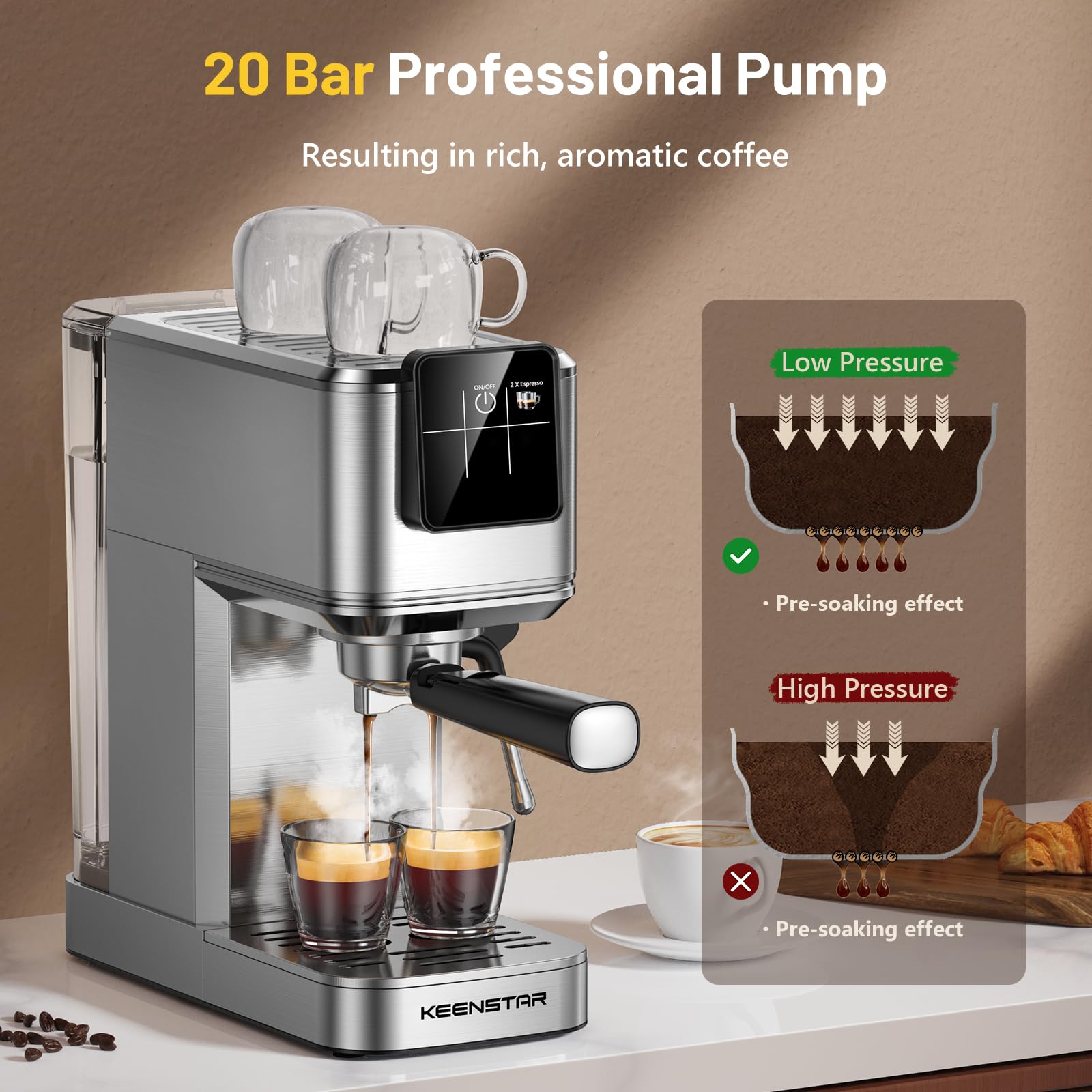 KEENSTAR Espressomaschine 20 Bar, Heiß- und Eiskaffeemaschine mit Rapid Cold Brew, Espressomaschine mit Dampfstab, Touchscreen mit 1000 ml Wassertank für Latte, Cappuccino, Geschenk für Kaffeeliebhaber