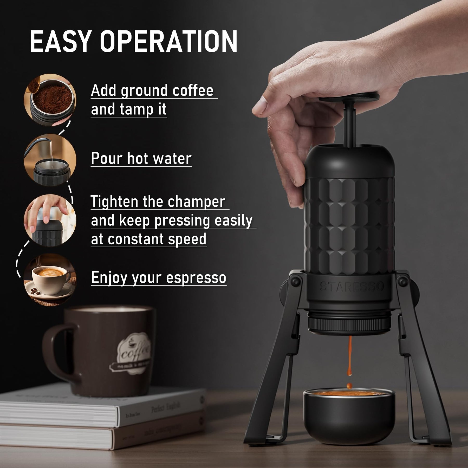 STARESSO PLUS SP300 Espresso Machine, Manual Portable Coffee Maker Compatible Ground Coffee with Pressurized Filter, Espresso Maker for Home Travel Camping Office, Non-Electric