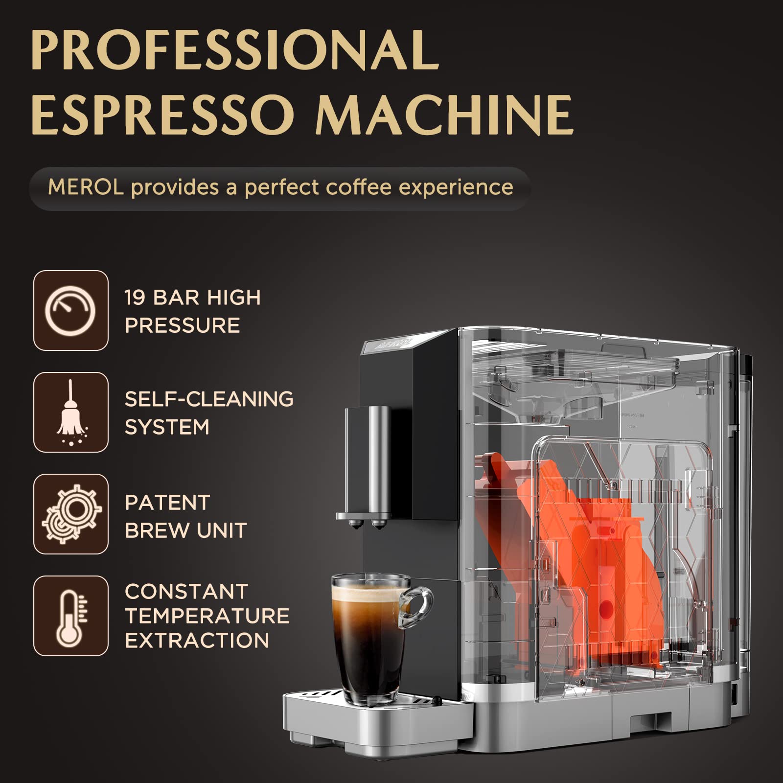 MEROL Vollautomatische Espresso-Kaffeemaschine mit Touchscreen, 19 Bar Cafe Maker, eingebautes einstellbares Mahlwerk, für Kaffeeliebhaber, ME-720, Grau und Silber