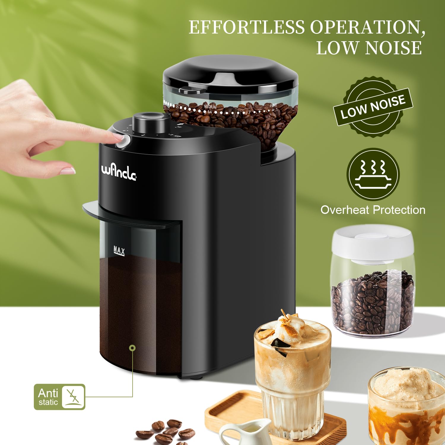 Wancle Electric Burr Coffee Grinder - Adjustable with 28 Precise Grind Settings for 12 Cups - Professional Coffee Bean Grinder (Plastic, Black)