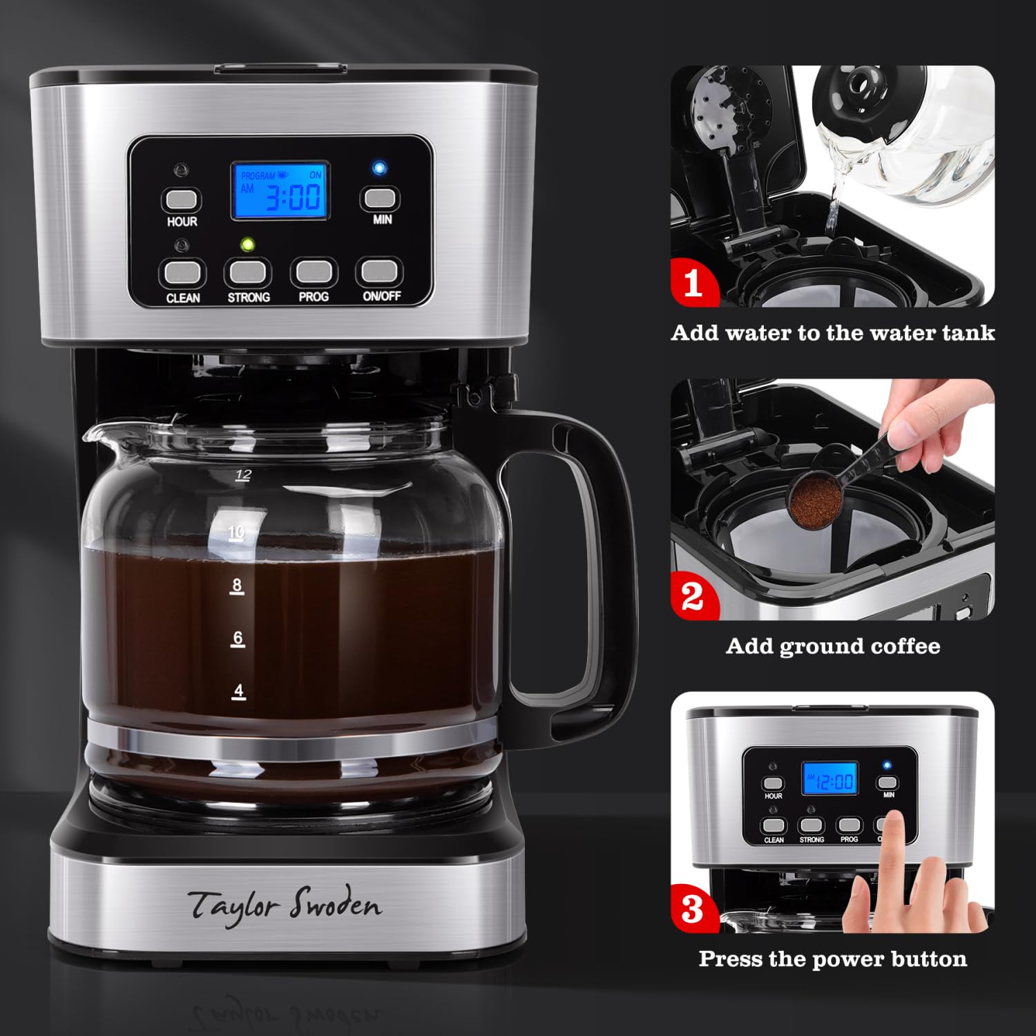 Taylor Swoden Programmierbare Kaffeemaschine für 12 Tassen, Filterkaffeemaschine für normales und starkes Brühen für Zuhause und das Büro, Glaskaraffe, Pause &amp; Servieren, automatische Abschaltung, Schwarz und Edelstahl