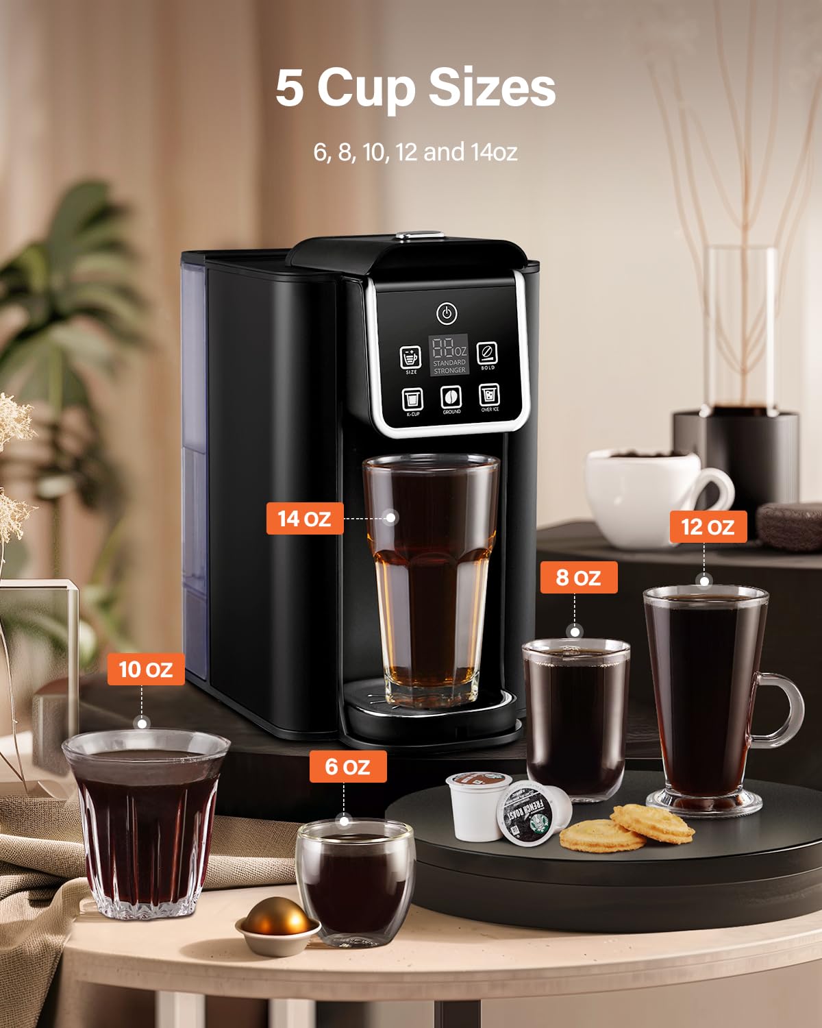 SHARDOR Single Serve Coffee Maker 2.0, Hot and Iced Coffee Machine for K Cup Pods & Ground Coffee, 6 to 14 oz Brew Sizes, 50 oz Removable Water Tank, Bold Brew Setting, Stainless Steel, Black