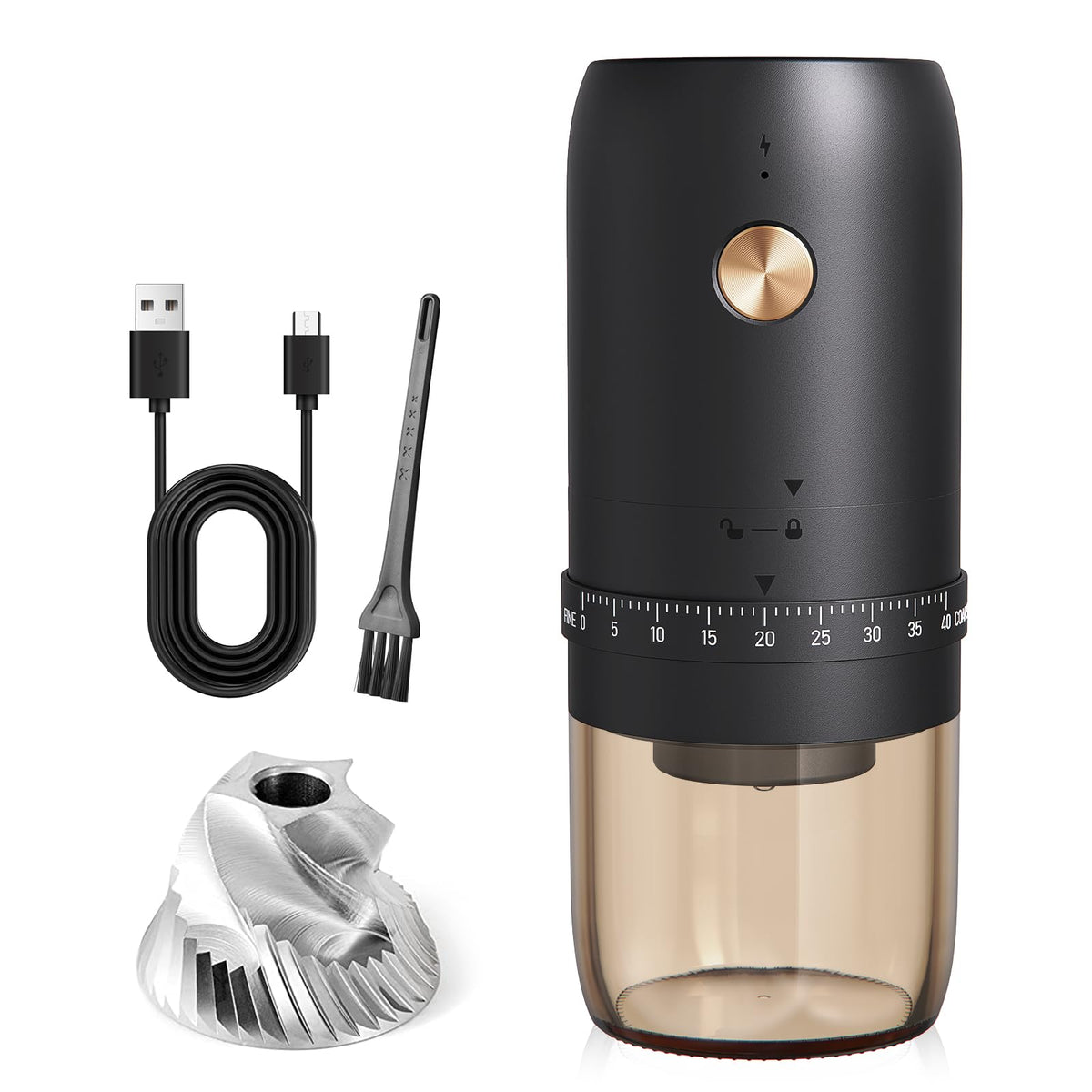 Portable Electric Coffee Grinder， Upgraded External adjustable 40 levels Fine to Coarse Settings, Stainless Steel Conical Burr Rechargeable and Faster Grinding for Office,Home,Camping,Travel,Black