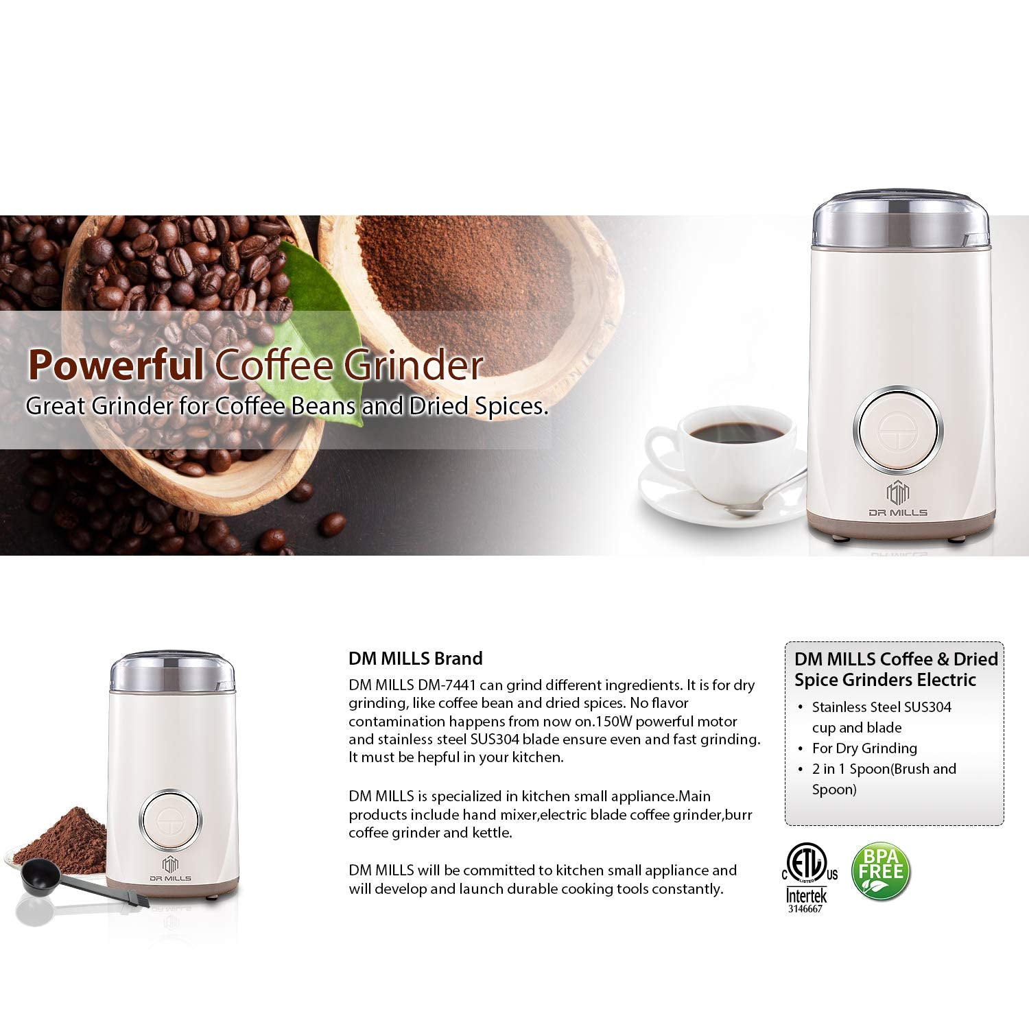 DR MILLS DM-7441 Coffee Grinder Electric, Coffee Bean and Dried Spice Grinder, One Touch Operation, Blade and cup made with SUS304 stainless steel (White)