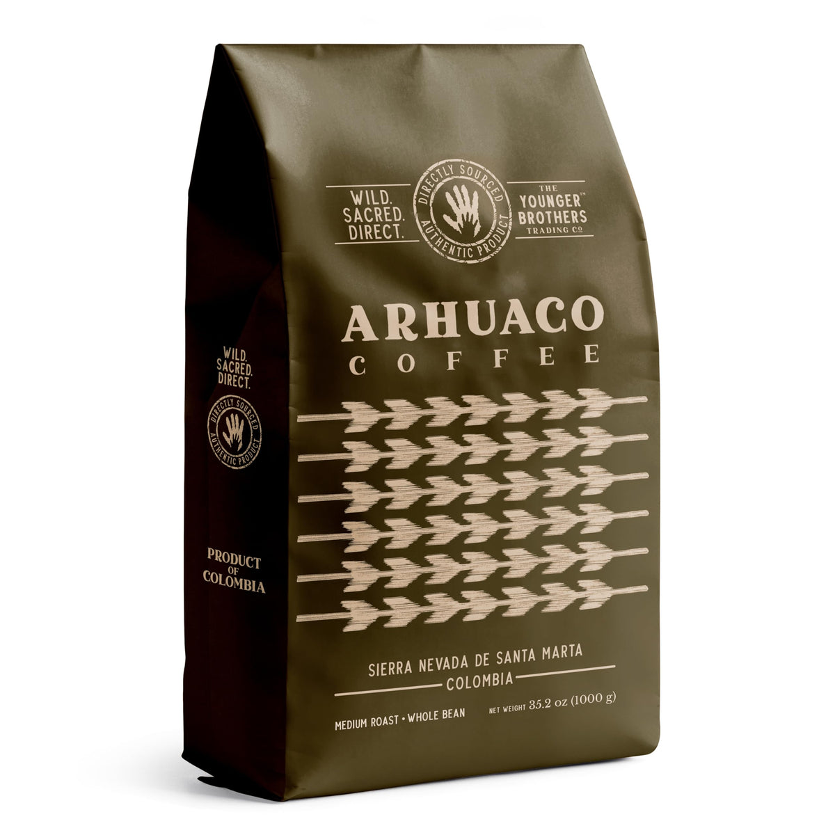 The Younger Brothers Trading Co. Arhuaco Coffee | Indigenous Wild Organic Whole Bean | Ethically Sourced Single Origin Colombian Coffee | Arhuaco Medium Roast (1kg / 35.2oz bag)