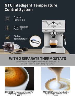 Gevi Espressomaschine, 15 Bar Pumpendruck, Cappuccino-Kaffeemaschine mit Milchaufschäumer, Dampfdüse für Latte, Mokka, Cappuccino, 1,5 l Wassertank, 1100 W, schwarz