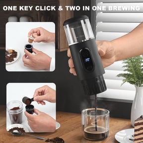 Tragbare elektrische Espressomaschine – 2-in-1-Mini-Kaffeemaschine mit kabellosem 15-Bar-Druck, tragbare Kaffeemaschine fürs Auto, voll aufgeladen, brüht 75 Tassen für Camping, Wohnmobil, Wandern, Büro (nicht selbsterhitzend)