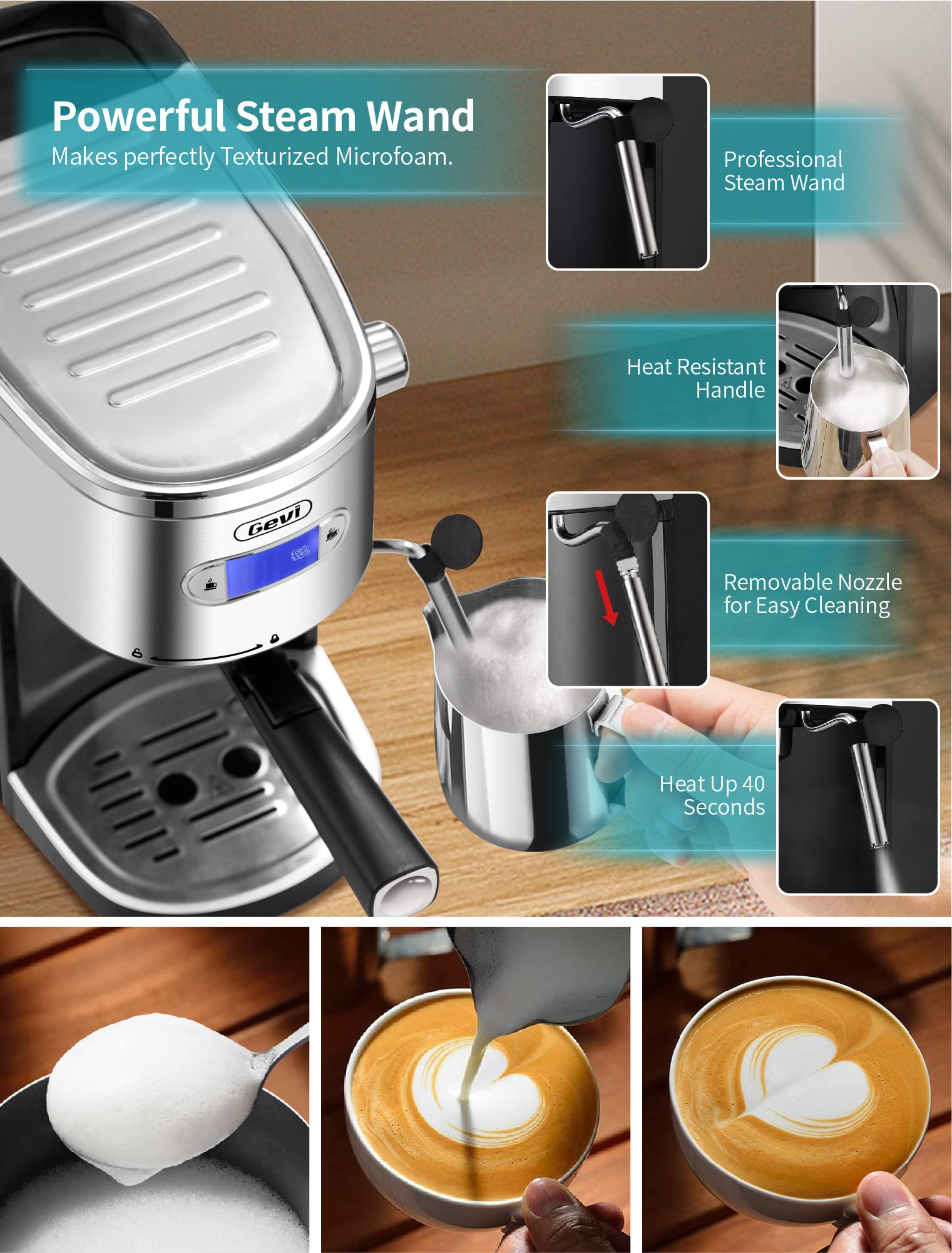 Gevi Espressomaschinen, 20 Bar, schnelles Aufheizen, automatische Cappuccino-Kaffeemaschine mit Milchaufschäumer für Espresso, 1,2 l abnehmbarer Wassertank, doppeltes Temperaturkontrollsystem, 1350 W, schwarz