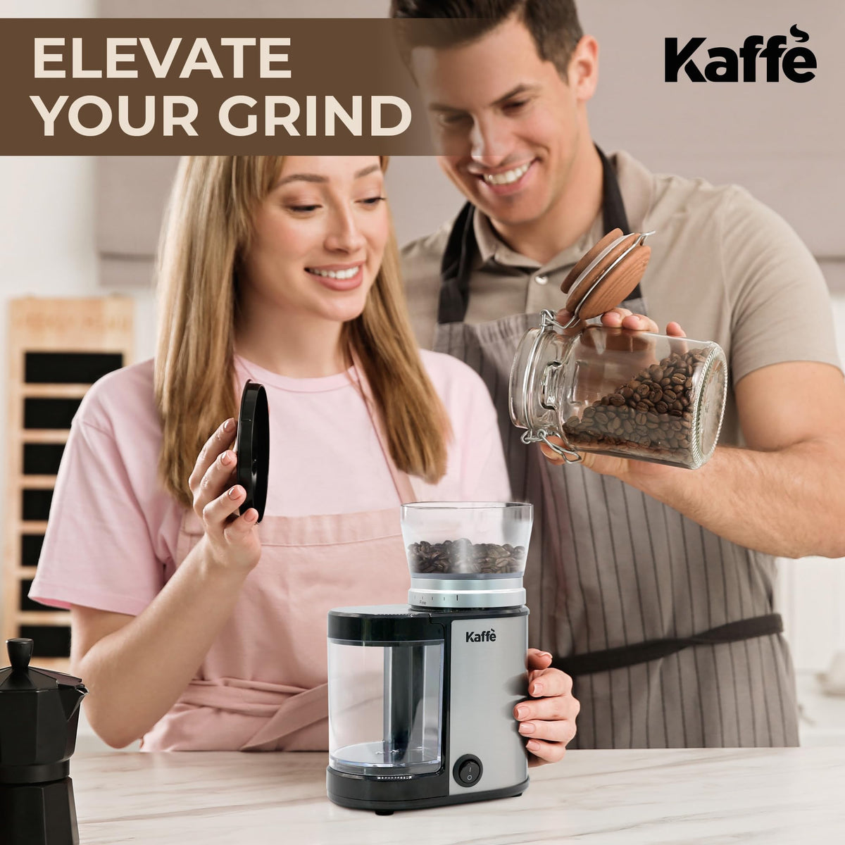 Kaffe 電動バーコーヒーグラインダー (5.5オンス) 精密な粗さ設定調整可能 - フラットバー - [改良モーター] - 家庭用精密コーヒー豆グラインダー - ステンレススチール