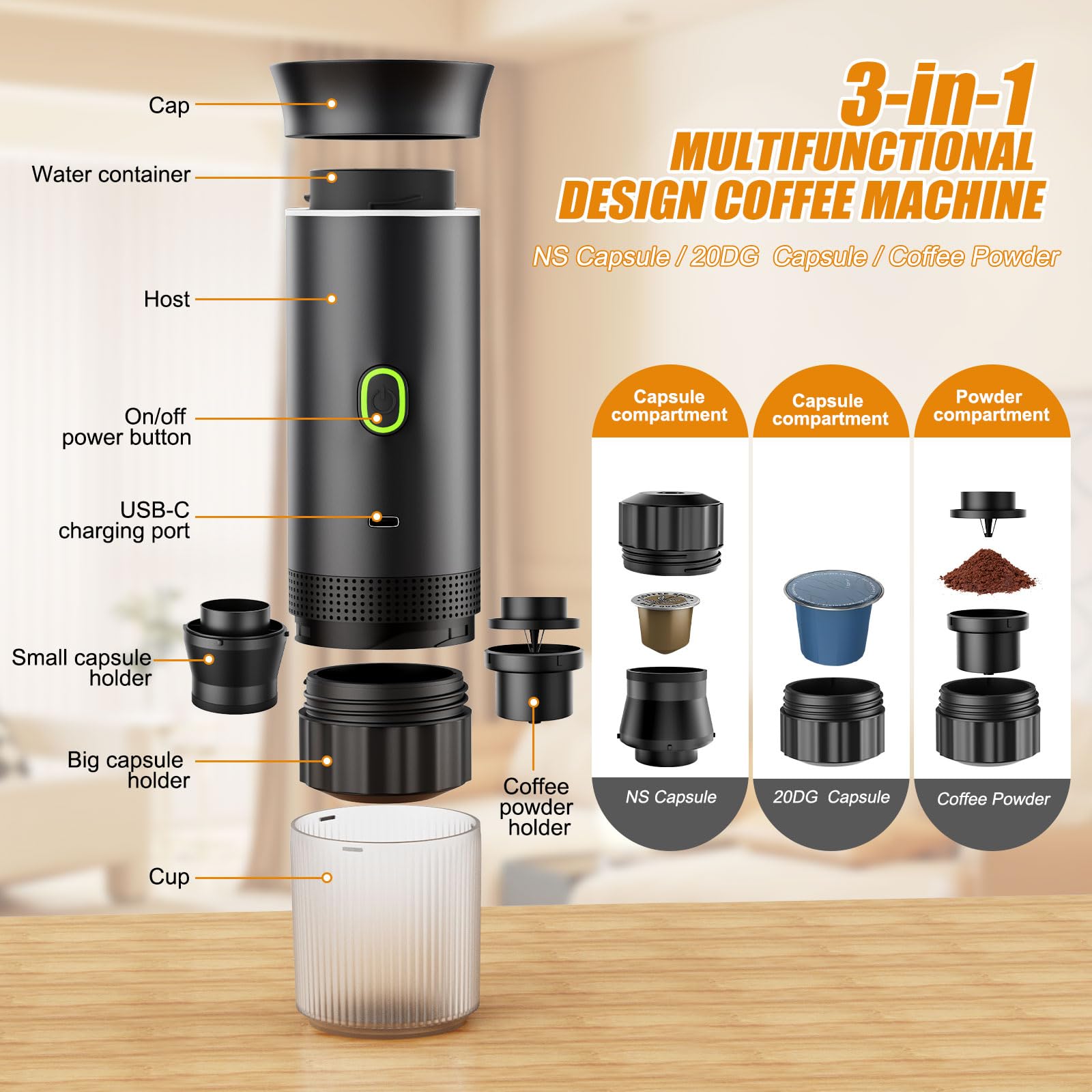 Portable Electric Espresso Maker, 20 bar Mini Travel Coffee maker, Expresso Coffee Machines with USB-C,3-in-1 Car Coffee Maker Self-Heating, Ground Coffee & Capsule(Ns&DG) for Office, Camping, RV