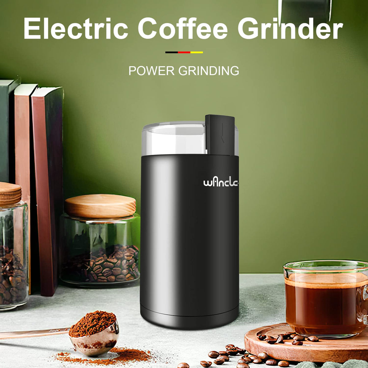 Kaffeemühle, Wancle Elektrische Kaffeemühle, Gewürzmühle, One Touch Kaffeemühle für Bohnen, Gewürze und mehr, mit Reinigungsbürste Schwarz