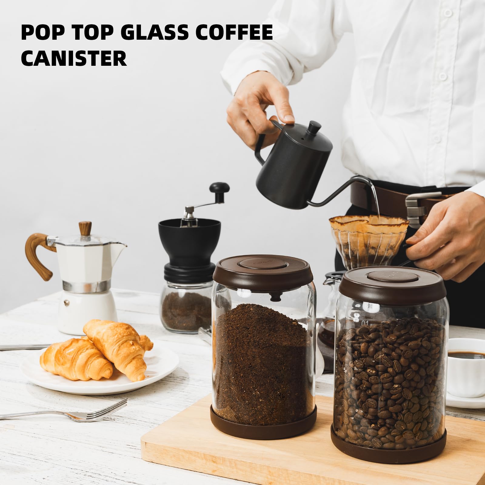 Tourdeus Glass Coffee Container - 900ml x 2 Pop Top Coffee Storage Airtight Canister, Large Ground Coffee Containers Coffee Jars with Lids 300g Brown