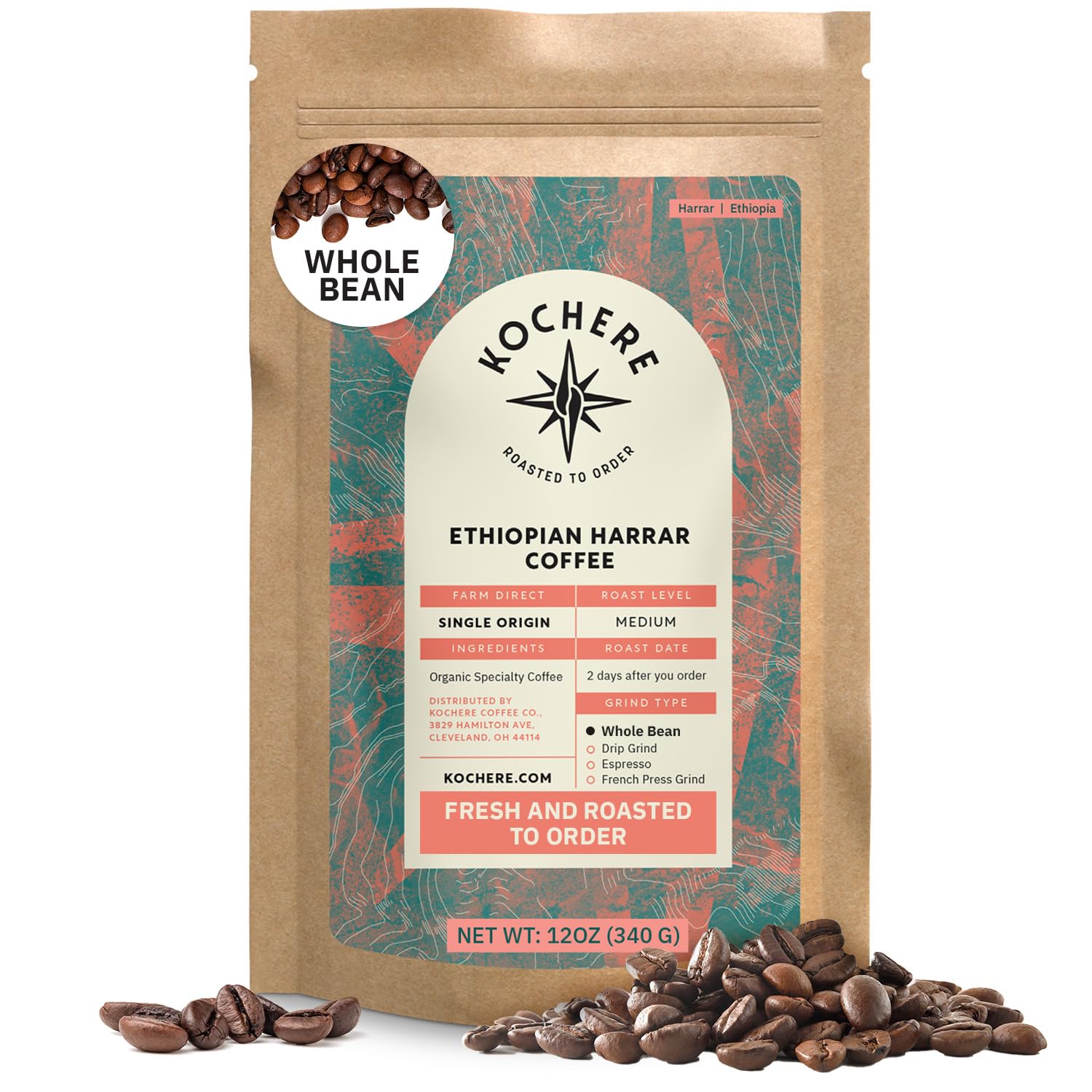 Organic Ethiopian Whole Bean Coffee Medium Roast - 12 oz, Single Origin Ethiopian Harrar Coffee Beans, Specialty Coffee, Fair Trade, Chocolate & Fruity Notes - Roasted To Order