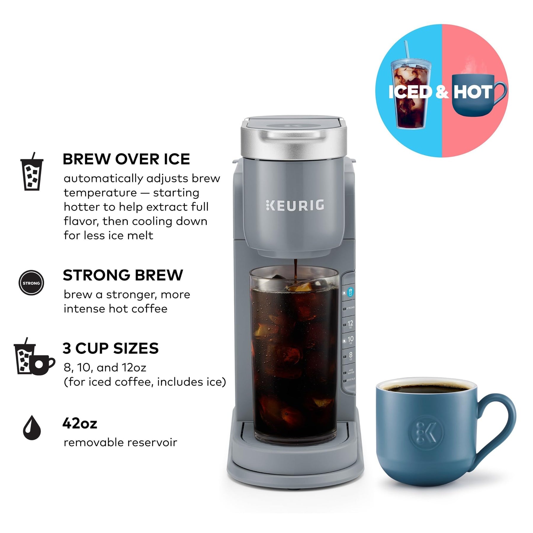 Keurig K-Iced Kaffeemaschine, Einzelportions-K-Cup-Pad-Eiskaffeemaschine, mit Heiß- und Kaltkaffeefunktion, brüht jede K-Cup-Pad, grau