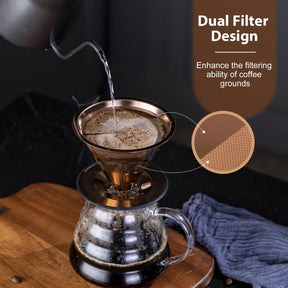 Pour Over Coffee Dripper INSINTAR Stainless Steel Drip Cone Brew Coffee Filter, Reusable Metal Coffee Strainer With Non-Slip Ring&Handle Paperless Pour Over Coffee Maker 1-4 Cup(Titanium Copper)