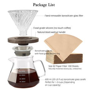 Lalord Pour Over Coffee Maker, 20 oz Borosilicate Glass Carafe with 100 pcs V60 Paper Filter by Gsform, Walnut Handle & Glass Lid, Drip Coffee Maker for Home Café Restaurant Camping, 600 ml, Clear