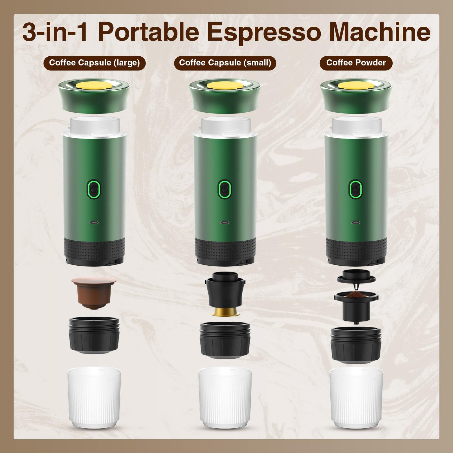 Portable Espresso Maker, 20 Bar Portable Coffee Maker, Self-Heating Car Espresso Maker, Compatible with Ground Coffee & NS Capsule for Camping, RV, Travel, Office