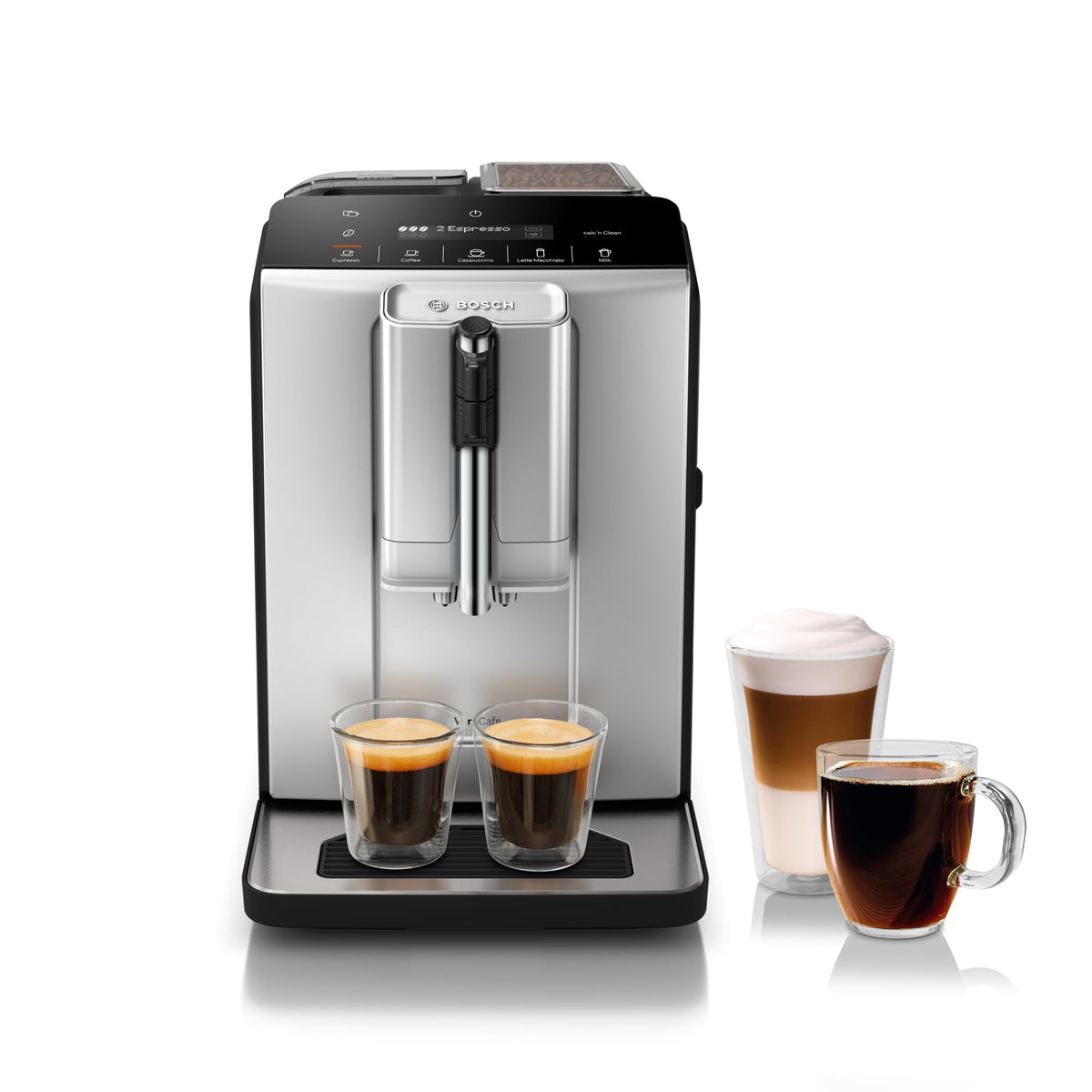 Bosch TIU20307 Espressovollautomat der Serie 300 mit Milk Express (Aufschäumer in der Tasse), LCD- und Touch-Bedienfeld, OneTouch-Milchgetränken und 5 Getränkeoptionen, in Silber