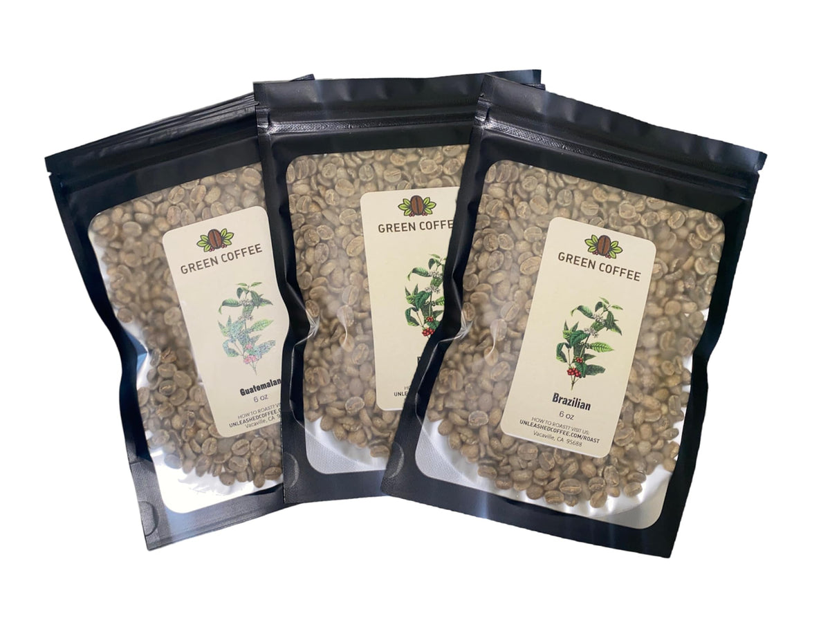 Unleashed Coffee | Green Unroasted Coffee Beans Sampler Pack | Green Coffee Beans for Roasting | Each 6 oz Bag Contains a Unique Varietal of Green Raw Coffee Beans | 3 Bags Total