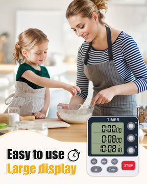 TPNEG Dual Kitchen Timer Digital - 3 Channel Timer for Cooking with Alarm, Large Display, Magnetic Back, Replaceable 3A Battery, Loud Food Timer, Modern White Design for Multi Timing Needs