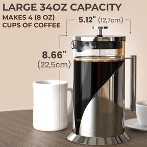 Cafe Du Chateau Stainless Steel French Press Coffee Maker - 34oz Insulated Coffee Press with 4-Level Filtration, BPA Free, Durable Glass, Great for Tea