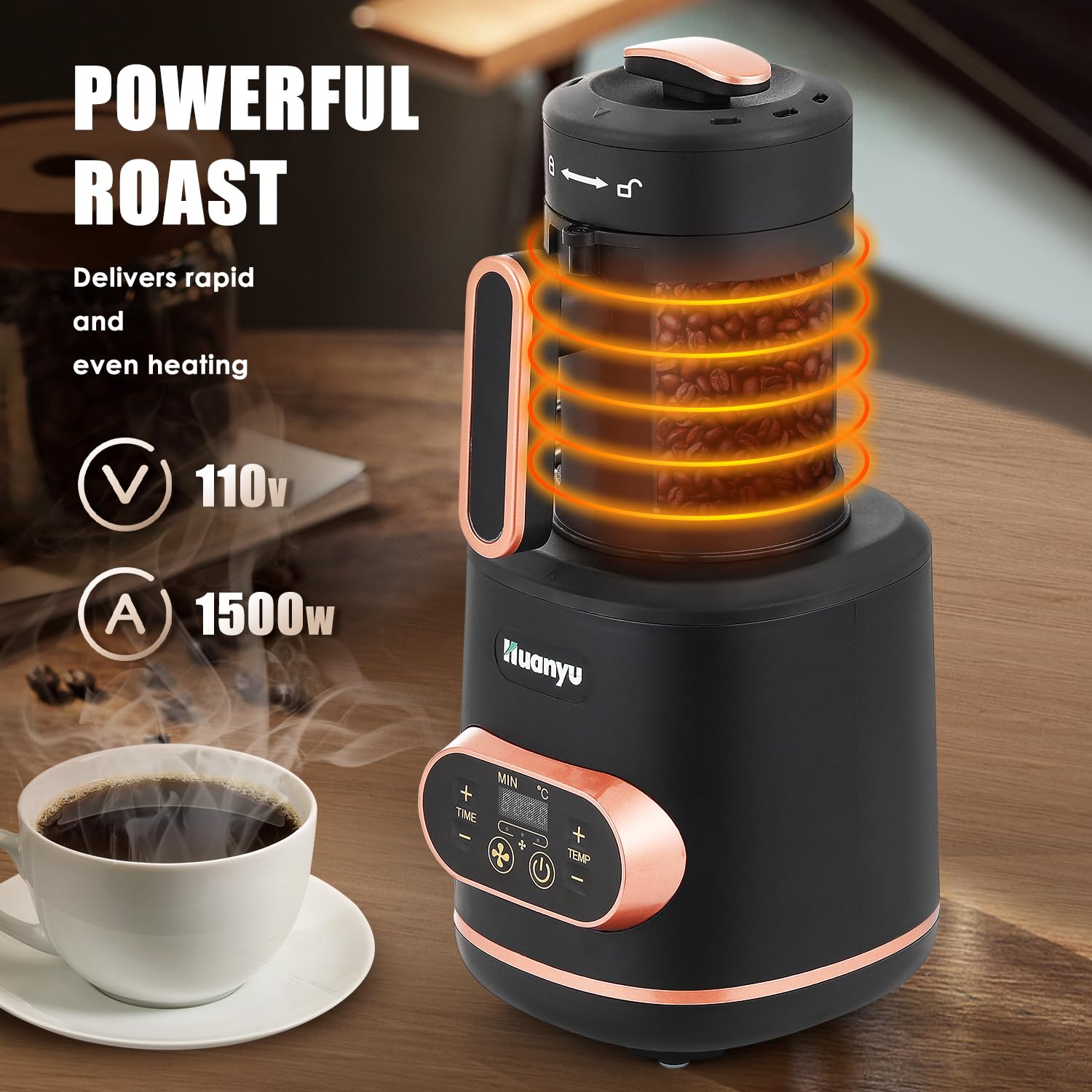 Huanyu Kaffeebohnenröster 100 g mit Timer, Kaffeeröster für den Heimgebrauch mit einstellbarer Heiz- und Kühleinstellung, elektrischer Röster 1500 W, 110 V