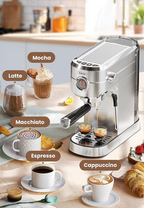 Gevi Espressomaschine 20 Bar, Professionelle Espressomaschine Latte Maschine mit Milchaufschäumer, Edelstahl-Espresso-Kaffeemaschinen für Zuhause, Kompakte Cappuccino-Maschine, Tolle Geschenkidee, Silber