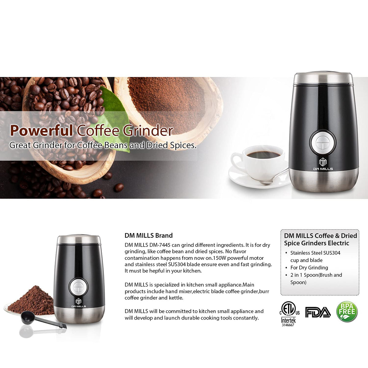 DR MILLS DM-7445 Coffee Grinder Electric Grinder Spice and Herb Grinder, Blade & cup made with SUS304 stianlees steel food grinders electric